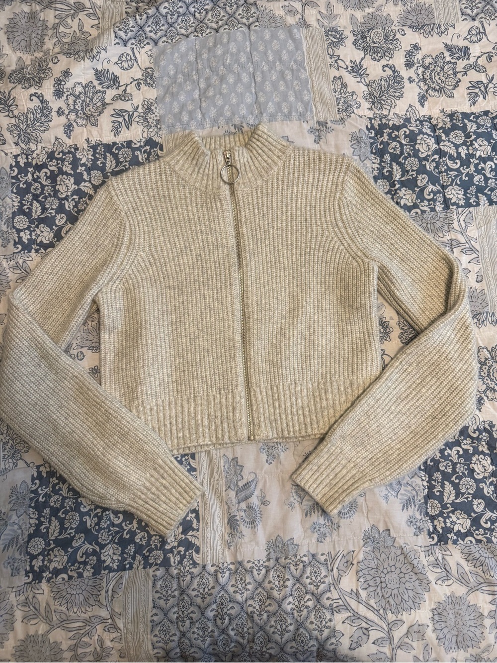 William Rast Cream Ribbed Zip Cropped Cardigan